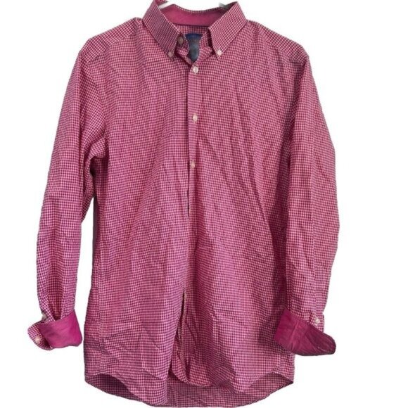 Egara Mens check button down shirt Medium 15 1/2 32-33 pink Slim Fit Preppy - Picture 1 of 9